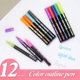 Linha dupla 12 cores marcadores contorno caneta glitter escrita desenho doodle dazzle linha canetas de tinta para diy cartão cartazes pintura - Image 3