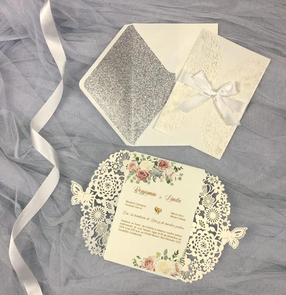 Cartões de convites cortados a laser, convite de festa de aniversário, casamento, árvore dourada, com glitter ou envelope, 1 peça - Image 1
