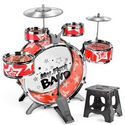 Grande brinquedo do tambor da simulação das crianças tambor música jazz tambor jogo conjunto de percussão brinquedo com cadeira portátil para crianças 1-3 idade 3 + - Image 1