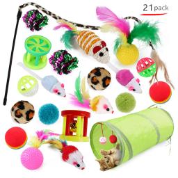Kit de brinquedos do túnel dobrável para gato, canal divertido, bolas de penas, forma de ratos, gatinho, brincadeiras interativas, 21pcs - Image 1