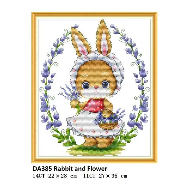 Coelho e Flor em Pintura Chinesa: Kit de Bordado em Ponto Cruz 14ct/11ct com Tecido Impresso para Fazer Você Mesmo com DMC