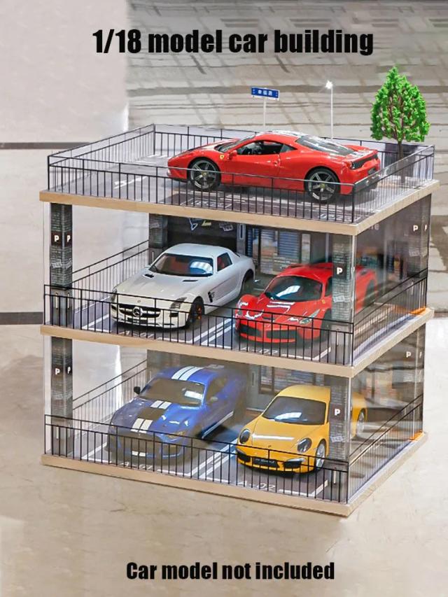 Miniatura de Carro de Construção 1:18 com Diorama LED e Garagem Acrílica Expositora Dustproof