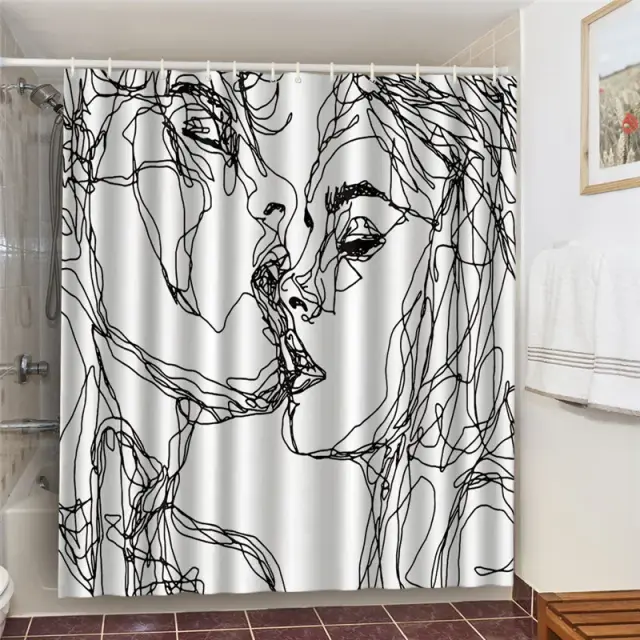 Conjunto de Cortinas de Chuveiro e Tela de Banho 3D à Prova d'Água com Design de Amantes em Preto e Branco para Decoração de Banheiro
