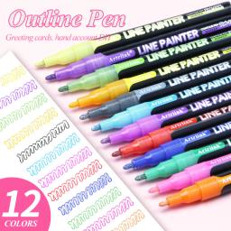 Linha dupla 12 cores marcadores contorno caneta glitter escrita desenho doodle dazzle linha canetas de tinta para diy cartão cartazes pintura - Image 2