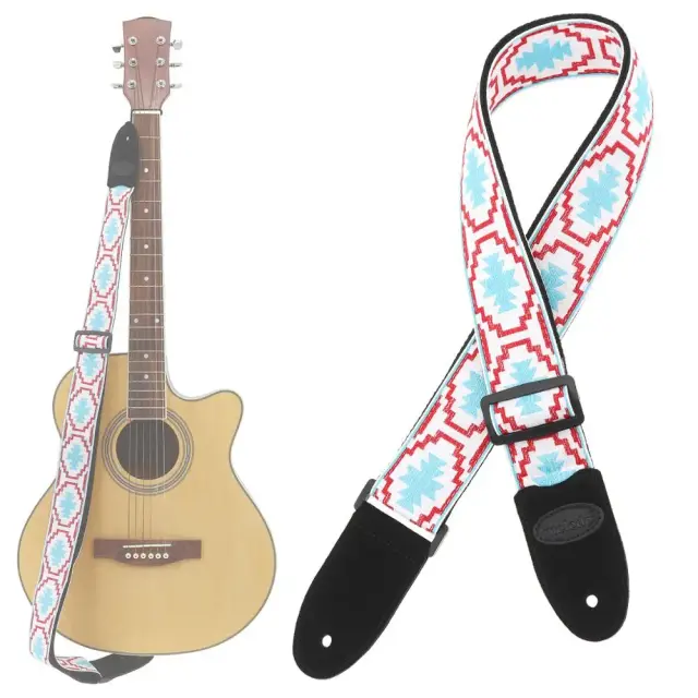 Correia de Guitarra em Couro Legítimo com Padrão Floral e Extremidades para Violão Elétrico e Acústico