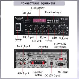 Amplificador de Potência para Home Theater, Amplificadores de Áudio, Plug UE, Suporte EQ, FM, SD, USB, Bluetooth 5.0, 2.0 Canais, 2000W, DC 12V, 220V, 2 Mic, 5,0 - Image 2