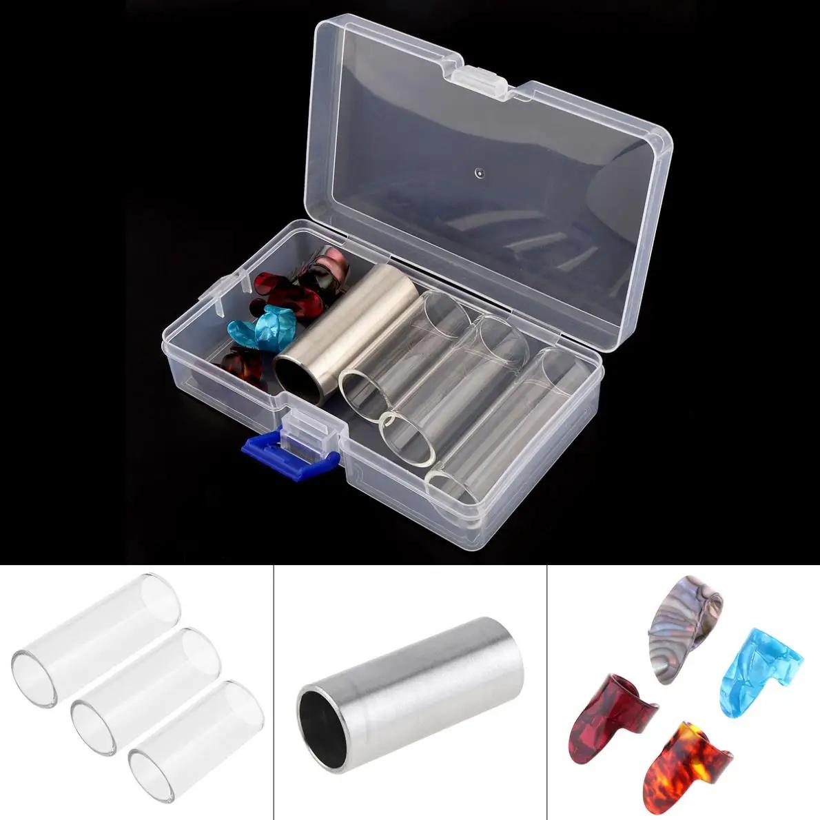 Stainless Steel Guitar Slide Kit com caixa, slider de vidro, 1 polegar, 3 dedo celulóide, picaretas, 8pcs por lote - Image 1