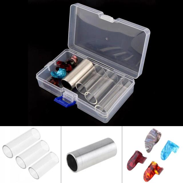 Kit Completo de Acessórios para Guitar Slide em Aço Inoxidável com Caixa: Inclui Slider de Vidro, Palhetas Celulóide e Acessórios para Dedos - 8 Peças por Lote