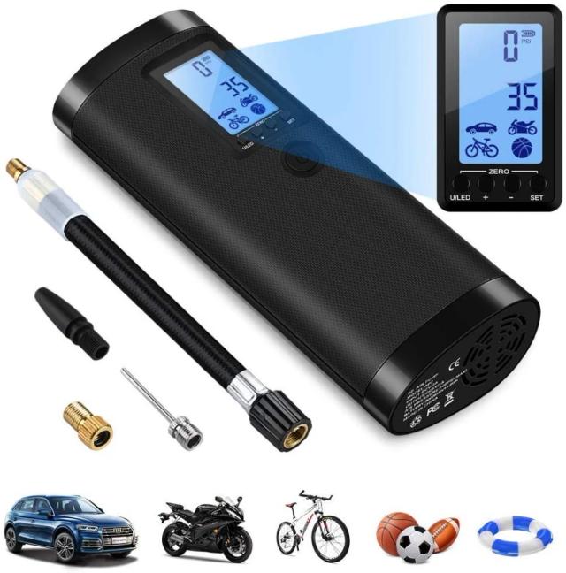 Inflador Portátil de Pneus com Dual Display, Banco de Potência e Pressão de 120 PSI para Bicicletas e Carros