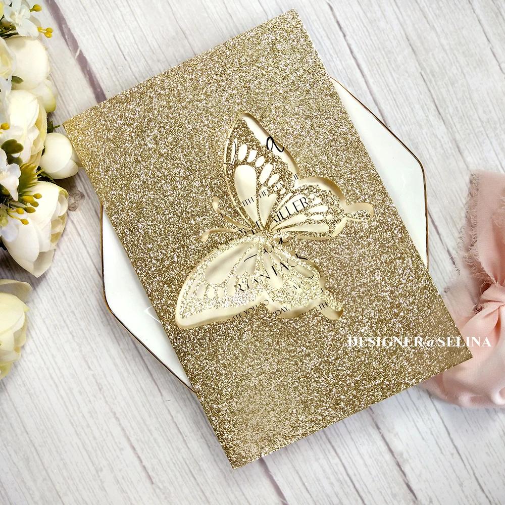 Cartão de convite de princesa borboleta prateada para festa de aniversário de bebê, impressão personalizada, convites cortados a laser com glitter DIY, 50 peças - Image 1