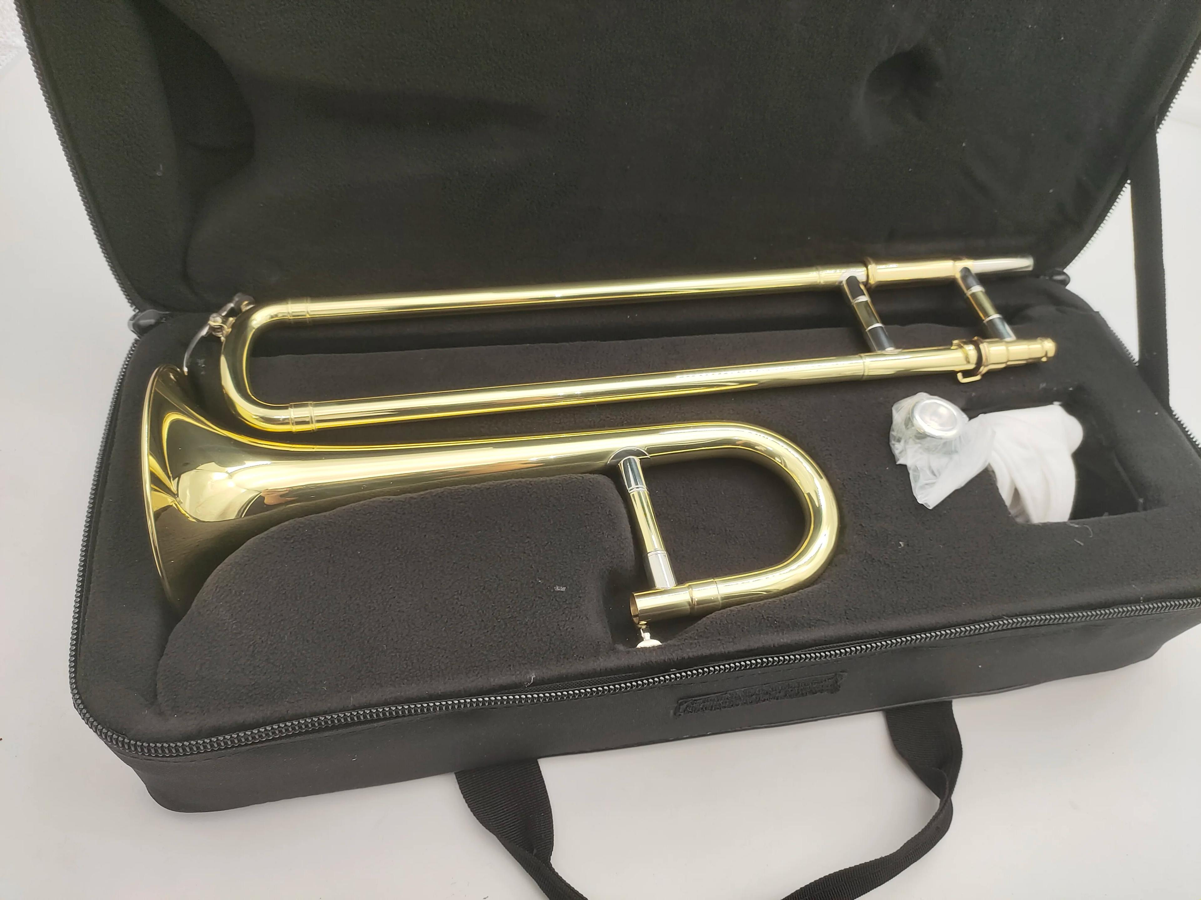 B Flat Brass Plated Trombone com Caso e Luvas, Instrumentos de sopro, Frete Grátis, Nova Chegada - Image 1