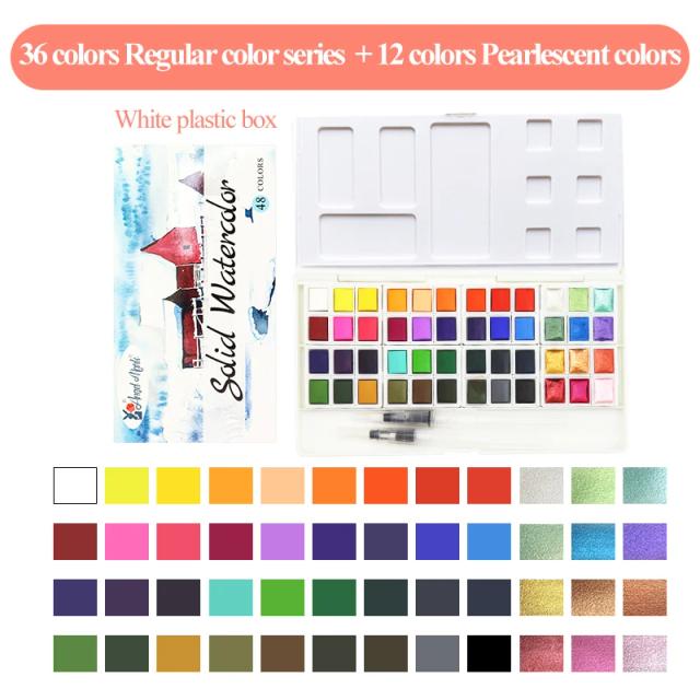 Conjunto de Tintas Aquarela Sólidas Angelmark com Escova de Água e Canetas para Desenho - Disponível em 24, 36 e 48 Cores