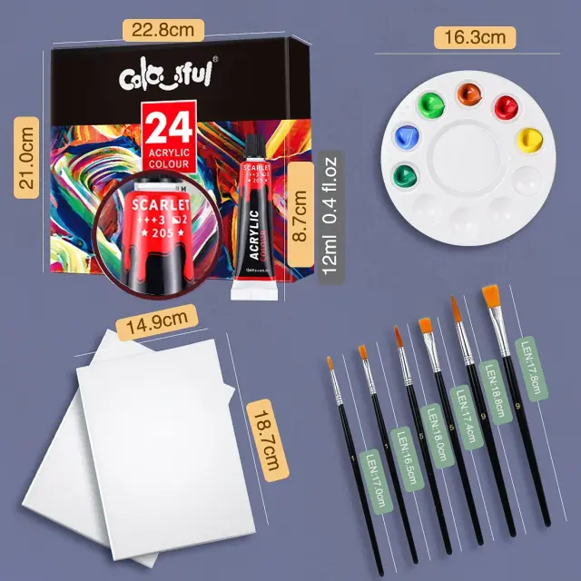 Kit de Tintas Acrílicas para Tecidos e Roupas - 24 Cores Vibrantes com 6 Pincéis e 1 Paleta para Artistas