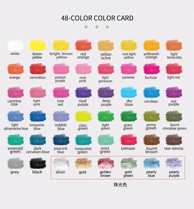 Conjunto de Paletas Metálicas com 24/36/48 Cores Peroladas e Glitter para Artistas e Estudantes