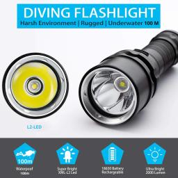 Poderoso LED Lanterna de Mergulho, Super Brilhante, T6, L2, Profissional Tocha Subaquática, IP68 Impermeável, Classificação Lâmpada, 18650 Bateria - Image 5