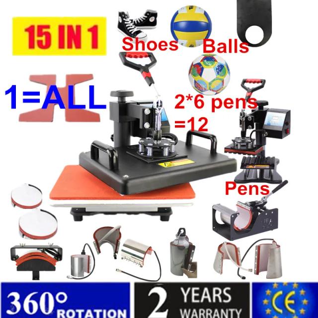 Impressora Multifuncional de Transferência Térmica 15 em 1 para Sublimação de T-Shirts, Canecas, Garrafas, Canetas e Calçados