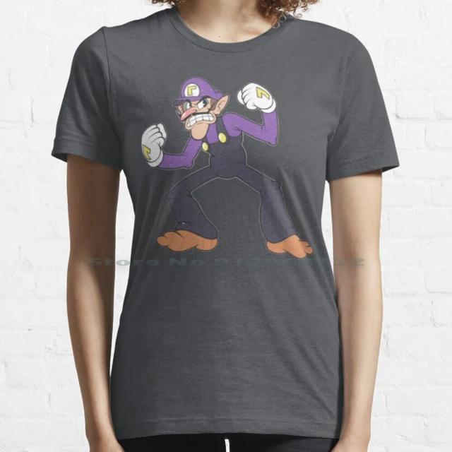 T-shirt 100% Algodão com Estampa de Waluigi em Estilo Cuphead - Animação de Desenhos Animados para Fãs de Super Smash Bros e Wario