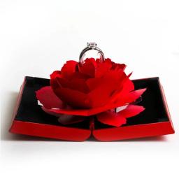 Anéis Elegantes Caixa de Exibição Caso Noivado Casamento, Flor Rosa Presente para o Amor, Suporte De Armazenamento De Jóias, Moda 3D, Caixa Vermelha Alegre - Image 3