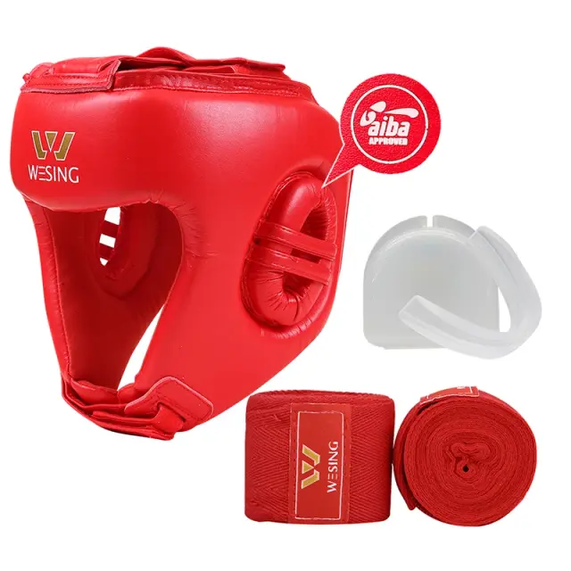 Wesing IBA Head Guard com Protetor Bucal e Bandagens para Boxe Profissional, Ideal para Treinamento e Competição.