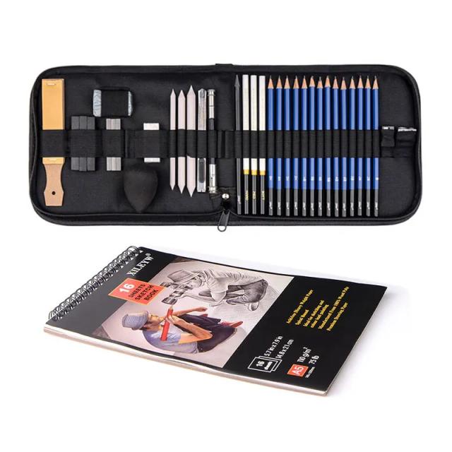 Kit Completo de 36 Peças para Artistas: Lápis de Grafite 5H-8B, Carvão Vegetal e Estojo Organizador com Zíper para Desenho e Esboço.