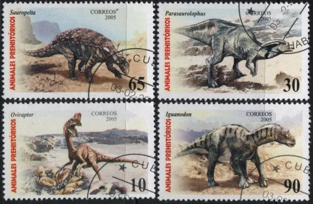 Conjunto de 4 Selos Postais de Dinossauros Pré-históricos do Caribe - Edição de 2005 para Colecionadores