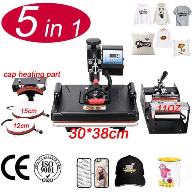 Impressora de Transferência Têxtil 5 em 1 para Camisetas, Canecas, Capas de Telefone e Chapéus - 30x38cm