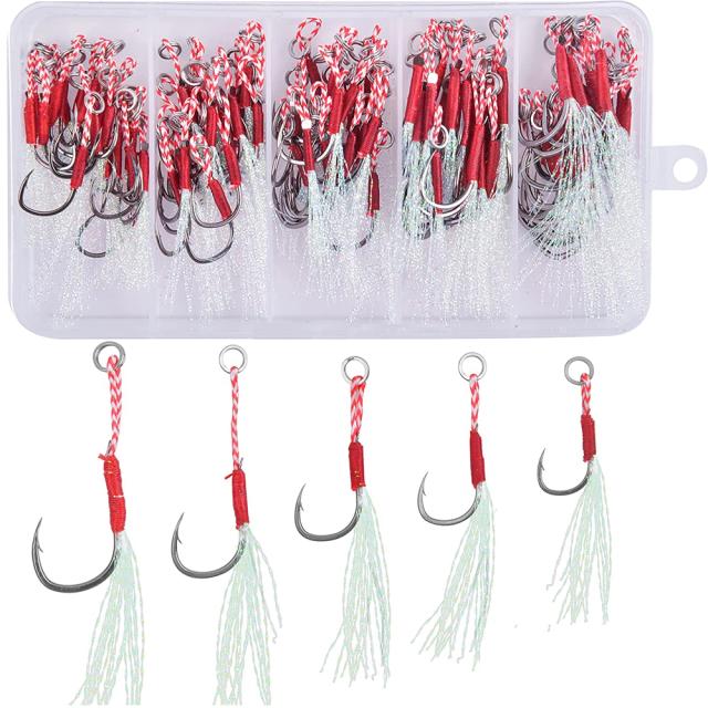 100 Peças Ganchos de Pesca Jigging Assist Gancho Farpado para Pesca em Água Salgada