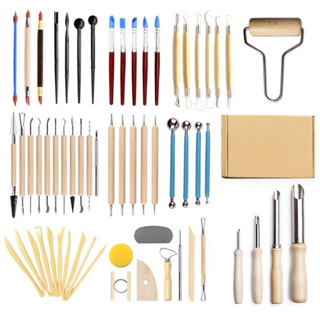Kit Completo de Ferramentas para Arte em Cerâmica - 61 Peças para Escultura, Modelagem e Artesanato com Cabo de Madeira, Ideal para Iniciantes e Presentes