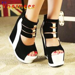 Sandálias plataforma de couro genuíno para mulheres, salto alto 14cm cunhas, cores misturadas, sapatos sexy, novo verão 2021 - Image 4