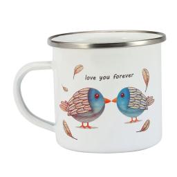 Caneca do esmalte com logotipo personalizado e foto e cópia do texto, 350ml, prata, preto, azul, cores do aro, copo de café de aço, exterior, sublimação - Image 2