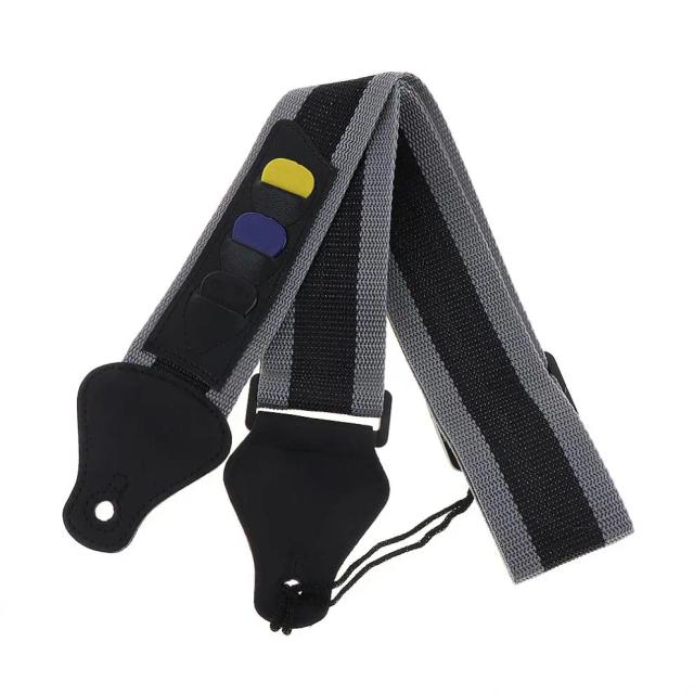 Correia de guitarra ajustável de nylon de 80-130 cm com suporte para palheta e 3 palhetas de brinde
