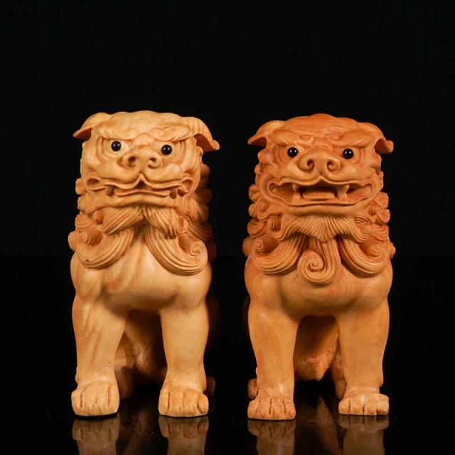 Estátuas Artesanais de Leões Gêmeos do Feng Shui em Madeira Maciça, Símbolos de Proteção e Prosperidade