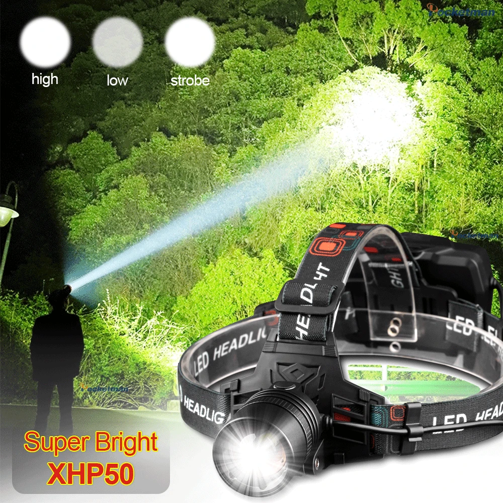 Farol de cabeça xhp50 recarregável, mais brilhante, luz de cabeça poderosa xhp70, lâmpada de cabeça com zoom, 3 baterias 18650 para uso - Image 2