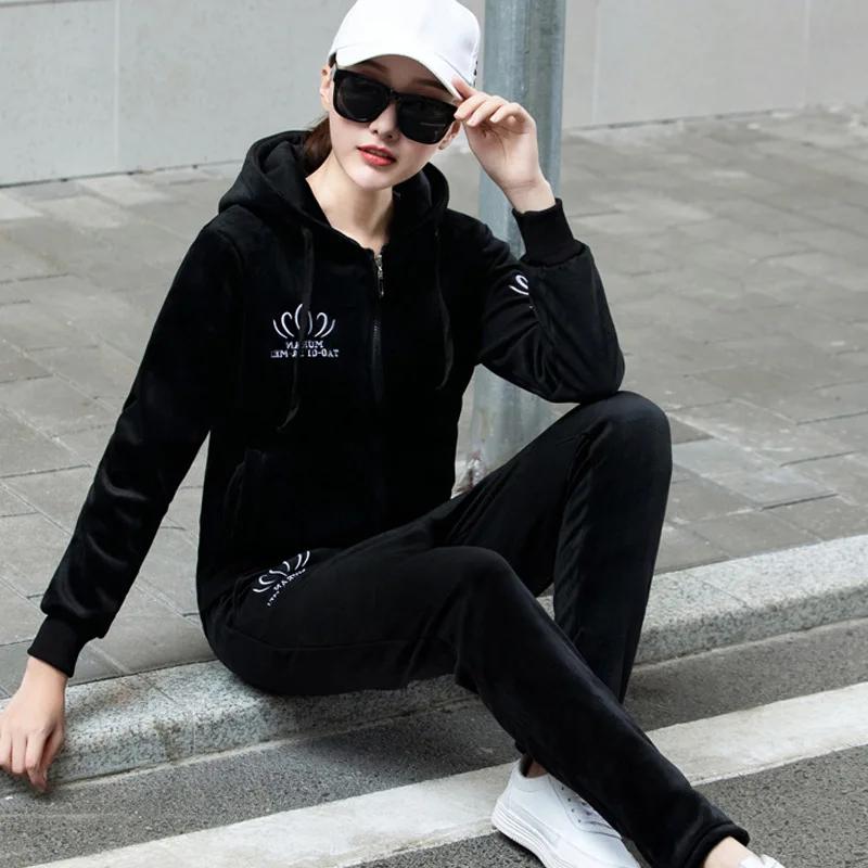 Roupa esportiva feminina bordada, roupas de treino tamanho grande, de veludo escovado, para exercícios ao ar livre, ioga, conforto, roupa esportiva - Image 1