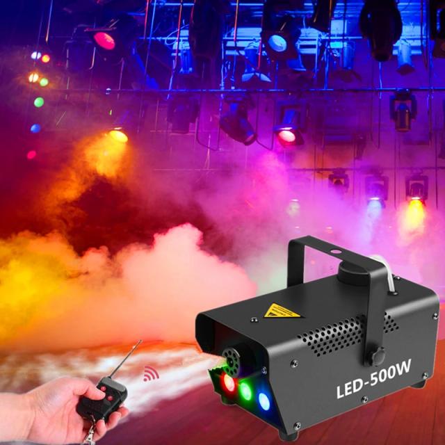 Máquina de Nevoeiro 500W com Luzes LED RGB, Controle Remoto e Efeitos para Festas e Shows de DJ