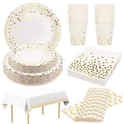 Louça descartável para festa de casamento, chapas e copos de papel branco, suprimentos coleção ouro, aniversário do bebê e dia dos pais - Image 2