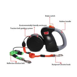 Pet corda de tração de duas cabeçadas, trela automática para dois cães, chumbo, 3m - Image 3