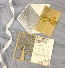 Cartões de convites cortados a laser, convite de festa de aniversário, casamento, árvore dourada, com glitter ou envelope, 1 peça - Image 2