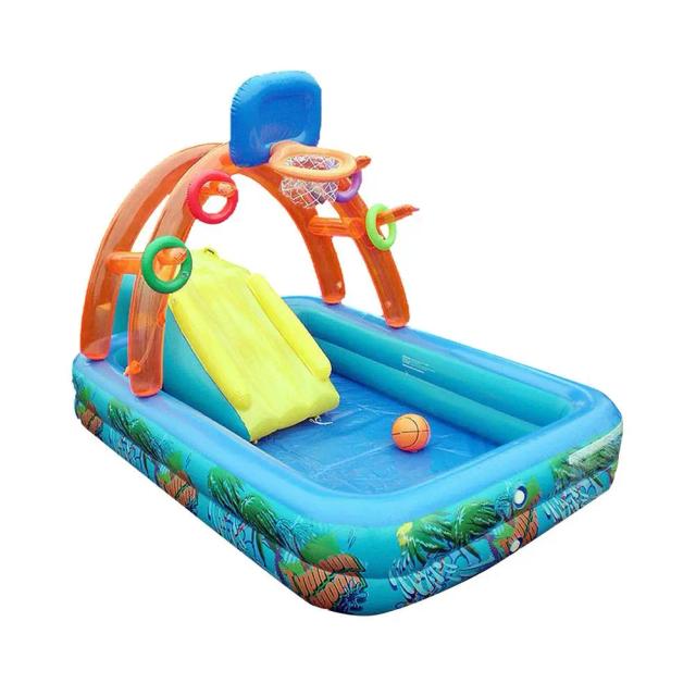 Piscina Portátil Multifuncional com Cesta de Basquete e Escorregador para Crianças no Quintal