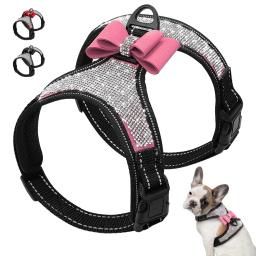 Rhinestone bowknot arnês colete para cães, reflexivo anti-perda nylon leash colarinho para gatos, acessórios de caminhada de Bling - Image 1