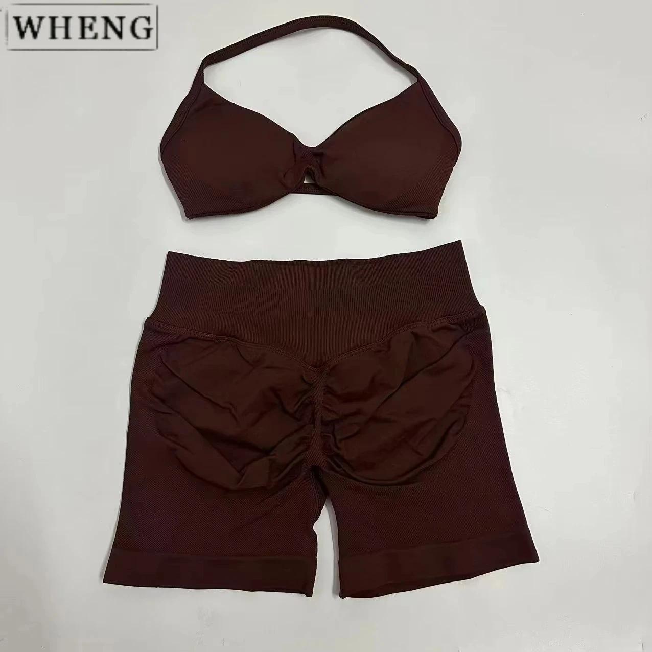 Wheng 2 pçs yoga terno de fitness feminino sem costura rendas sutiã de yoga superior cintura alta treino scratch shorts terno esportivo terno de fitness - Image 1