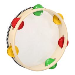 Tambor De Mão De Madeira Com Única Linha, Tamborim Handbell, Instrumento De Percussão Musical Para Criança, 6PCs, Pratos De Metal, Jingles, 6PCs, 8 pol - Image 4