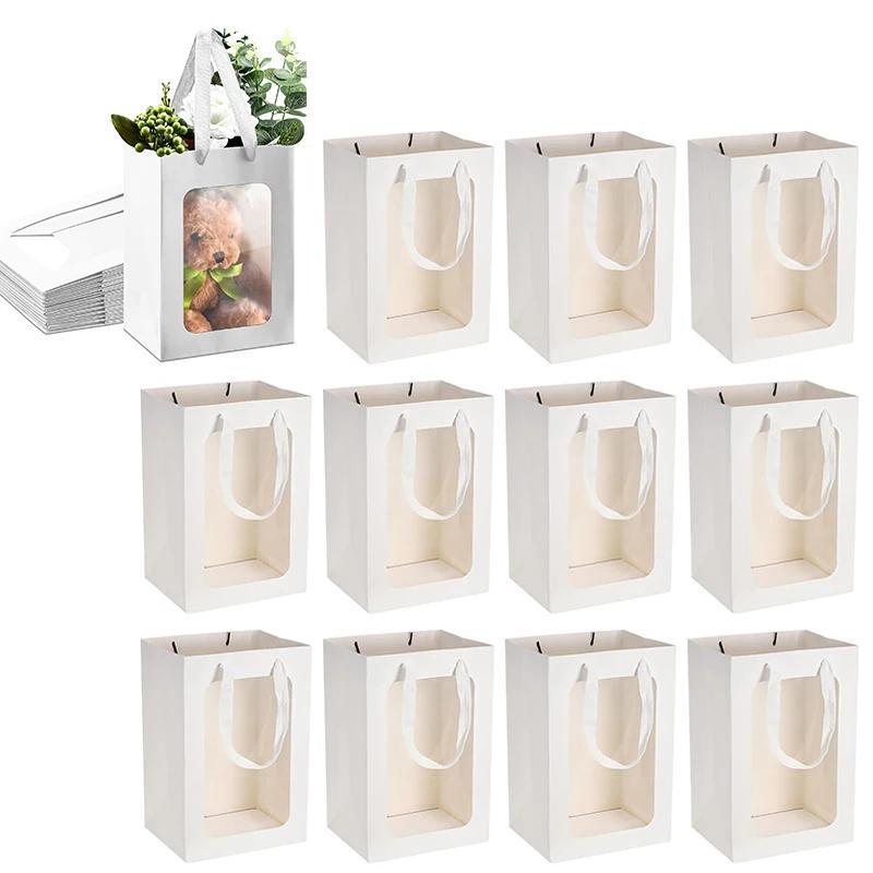 Sacos De Presente De Papel Kraft com Janela Transparente, Caixas De Flores Em Massa, Sacos De Envoltório, Buquê, Presentes De Compras De Noiva, 12Pcs - Image 1