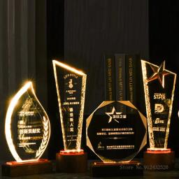 Troféu De Cristal De Escultura Personalizado Criativo, Base De Madeira Luminosa, Placa De Premiação Da Reunião Anual Da Empresa, Decoração De Casa Lembrança - Image 3