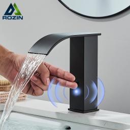 Rozin-Smart Sensor torneira da bacia do banheiro, torneira misturadora de sentido automático Touchless, cachoeira, lavatório de água quente e fria, preto - Image 1