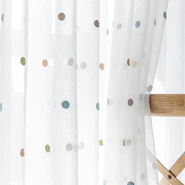 Cortina de Tule Branco Bordada com Pontos Coloridos para Quartos Infantis e Salas de Estar em Linho Moderno com Voile Transparente - Painel de Janela Zh035H