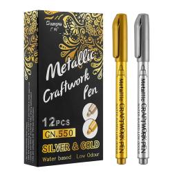 Metal impermeável permanente pintura marcador conjunto de canetas, ouro branco e escova de prata, arte artesanal, desenho caneta, material escolar - Image 1