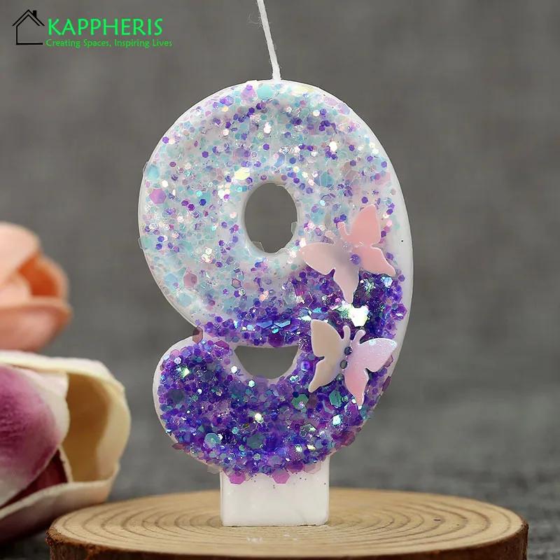 Vela de aniversário Sparklers para meninas, velas para bolos, roxo, borboleta, número, bolo, decoração de festa, 1 ano - Image 1