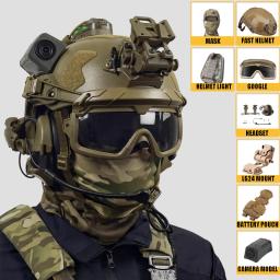 Conjunto de capacete tático com óculos de airsoft, fone de ouvido de tiro, montagem LG24, luz de identificação, bolsa de bateria, modelo de câmera, máscara balaclava - Image 1