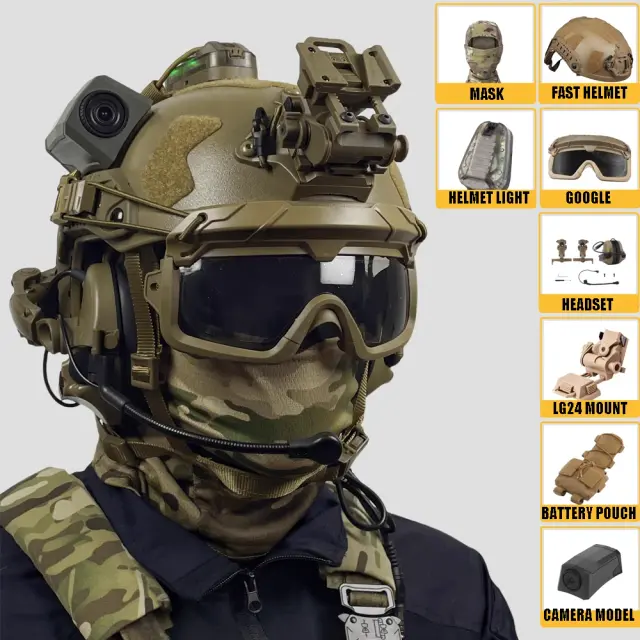 Kit Completo de Equipamentos Táticos para Airsoft: Capacete, Óculos, Fone de Ouvido, Montagem LG24, Luz de Identificação, Bolsa de Bateria, Câmera e Máscara Balaclava